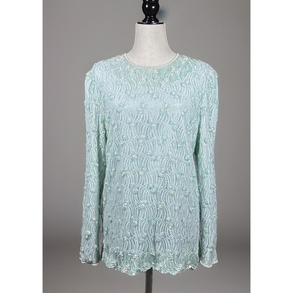Vintage Top L Green Sequin Beaded Fairycore Artsy Lace Sheer Lined‎ Party Blouse